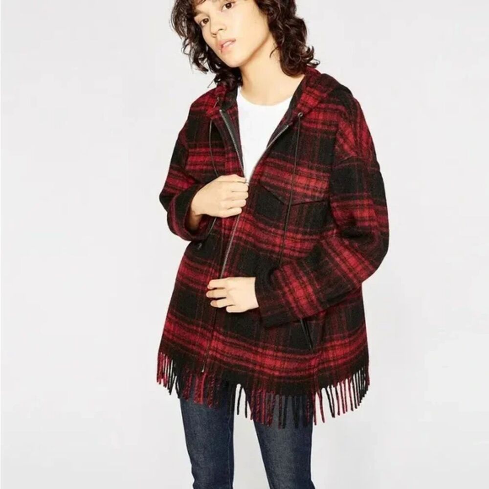 The Kooples Sport Fringed Wool Fleece Hooded Jacket - Buffalo Plaid 2/S